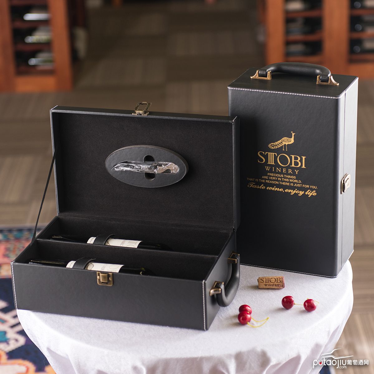 STOBI红酒盒双支葡萄酒包装礼盒手提皮质酒盒酒袋豪华红酒礼盒酒
